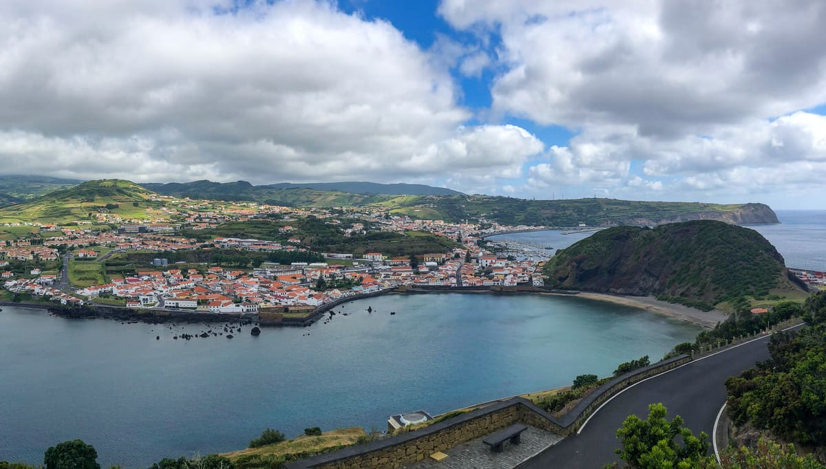Porto Pim bay and beach seen from above Horta