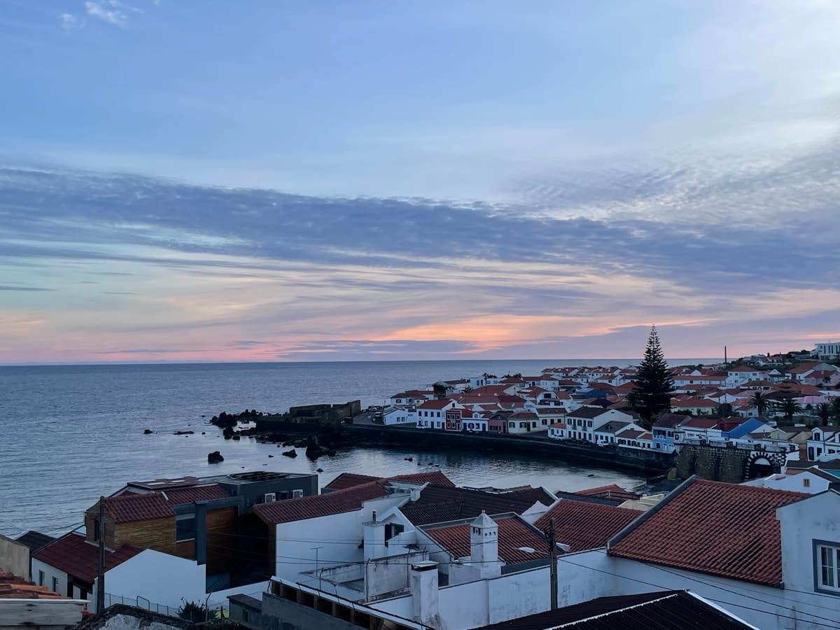 Evening view over Horta and Porto Pim from above the bay